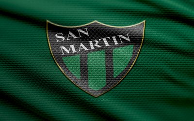 logotipo de tela san martín de san juan, 4k, fondo de tela verde, primera nacional, bokeh, fútbol, logotipo de san martín de san juan, fútbol americano, emblema de san martín de san juan, san martín de san juan, club de fútbol argentino, san martín de san juan fc