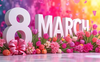 8 مارس, 4k, القوس الوردي, زهور ملونة, يوم المرأة العالمي, 8 مارس سعيد, فن ثلاثي الأبعاد, يوم سعيد للمرأة, خلفيات ملونة, قالب 8 مارس, 8 مارس، بطاقة معايدة