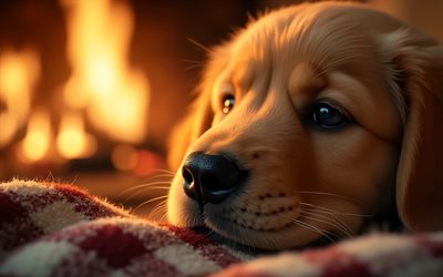 4k, cachorro de golden retriever, de cerca, hogar, animales lindos, manta a cuadros, bokeh, labrador, cachorros, perros, bozal, perro perdiguero de oro, mascotas, perro en manta