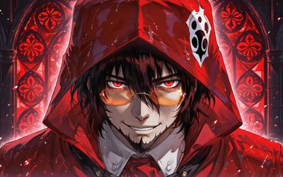 alucard, 4k, vidrieras, noche, infierno, retrato, impermeable rojo, conde drácula, manga, dorakyura, manga hellsing, personaje de alucard, arte alucard, personajes infernales, alucard hellsing