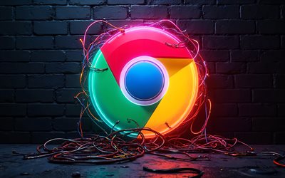 4k, logotipo brillante de google chrome, creativo, fondo de pared de ladrillo negro, oscuridad, marcas, alambres, logotipo de neón de google chrome, navegadores de internet, logotipo de google chrome, logotipo 3d de google chrome, google chrome