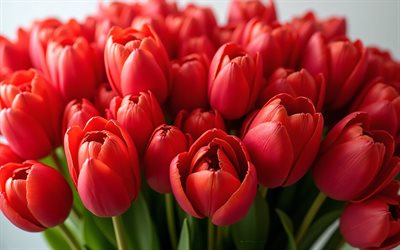 punaiset tulppaanit, 4k, kimppu punaisia ​​tulppaaneja, keväinen kimppu, kevät kukkia, tulppaanit, kevät, iso kimppu punaisia ​​tulppaaneja