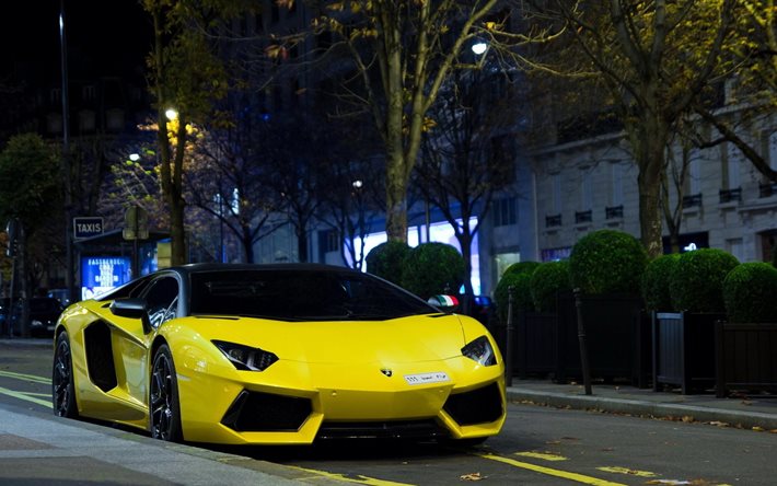 supercar, calle, noche, 2015, Lamborghini, Aventador lp700-4, Lamborghini aventador de color amarillo