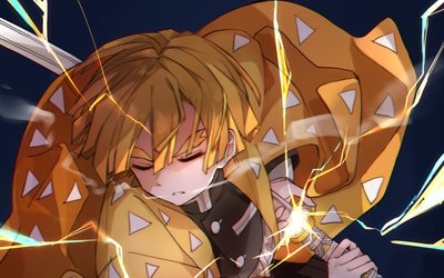 zenitsu agatsuma, 戦士, kimetsu no yaiba, 漫画, 剣, 主人公, 照明, アートワーク, 鬼滅の刃, ゼニツ, zenitsu agatsuma kimetsu no yaiba