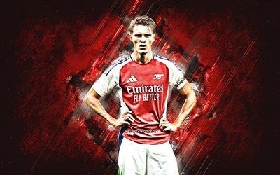 martin odegaard, arsenal fc, norsk fotbollsspelare, röd stenbakgrund, grunge konst, premier league, engelska, fotboll, martin odegaard arsenal