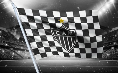 4k, logo atletico mineiro, club di calcio brasiliano, flag di stadio, flag dei fan di atletico mineiro, bandiera nera bianca, emblema di atletico mineiro, serie brasiliana a, brasile, calcio, atletico mineiro, atletico mg
