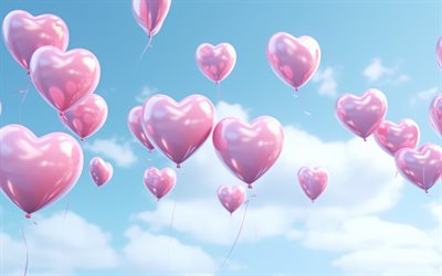 rosa hjärtan på himlen, rosa hjärtan ballonger på himlen, romantik, kärleksbakgrund, pink hearts balloons, 3d  konst, love 3d art, bakgrund för kärlekskort