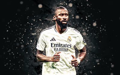 Antonio Rudiger, 4k, white neon lights, Real Madrid FC, La Liga, german footballers, Antonio Rudiger 4K, Real Madrid, football, soccer, Real Madrid CF, LaLiga, Antonio Rudiger Real Madrid