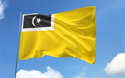 Kuala Terengganu flag on flagpole, 4K, Terengganu, Malaysian districts, blue sky, flag of Kuala Terengganu, wavy satin flags, Kuala Terengganu flag, districts of Malaysia, Day of Kuala Terengganu, Malaysia, Kuala Terengganu
