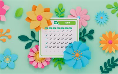 2025 may calendar, 4k, sfondi verdi, maggio 2025, calendari di primavera, fiori 3d astratti, calendario del maggio 2025, cornici floreali, 2025 concetti, possa calendari, 2025 calendari, maggio