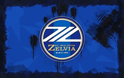 FC Machida Zelvia grunge logo, 4k, J1 League, blue grunge background, soccer, FC Machida Zelvia emblem, football, FC Machida Zelvia logo, FC Machida Zelvia, japanese football club, Machida Zelvia FC