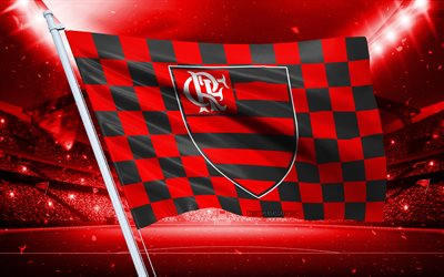 4k, Flamengo logo, Brazilian football club, stadium flag, Flamengo fans flag, red black flag, Flamengo emblem, Brazilian Serie A, Brazil, football, Flamengo FC, Flamengo RJ, Clube de Regatas do Flamengo