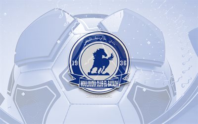 MC El Bayadh glossy logo, 4K, blue football background, Algerian Ligue Professionnelle 1, soccer, MC El Bayadh, Algerian football club, MC El Bayadh emblem, MC El Bayadh logo, MC El Bayadh FC
