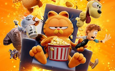 garfield, 4k, alle charaktere, 2024 film, das garfield, orangefarbene hintergründe, lügende katze, zeichentrickfiguren