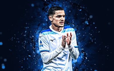 reda belahyane, 4k, luci al neon blu, lazio fc, serie a, calciatori francesi, reda belahyane 4k, lazio, calcio, ss lazio, reda belahyane lazio