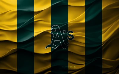 4k, atletizm logosu, sarı yeşil 3d arka plan, atletizm amblemi, amerikan beyzbol takımı, atletizm bayrağı, 3d doku, mlb, amerika, atletizm, beyzbol, major league beyzbol, oakland atletizm