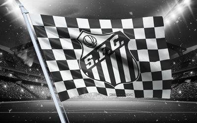 4k, logo santos fc, club di calcio brasiliano, flag di stadio, flag dei fan di santos fc, bandiera nera bianca, emblema di santos fc, serie brasiliana a, brasile, calcio, santos fc