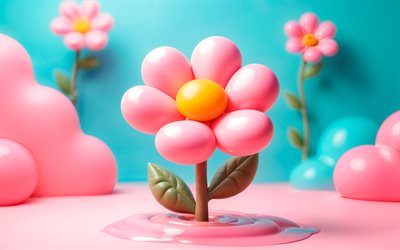 fleurs roses 3d, 4k, œuvres d'art, bokeh, arrière plan floral, créatif, fleurs 3d, contexte avec des fleurs, une fleur 3d, fleurs roses