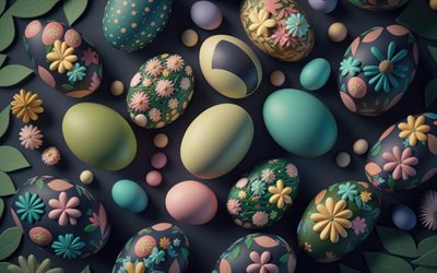 3D Easter eggs, painted eggs, Happy Easter, background with Easter eggs, 3D art, Easter