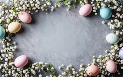 marco de pascua floral, 4k, fondos de piedra, flores blancas, huevos de pascua, flores de primavera, felices pascuas, marco con huevos de pascua, plantilla de tarjeta de pascua, marcos de pascua, antecedentes con huevos de pascua, pascua de resurrección
