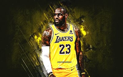 lebron james, los angeles lakers, amerikan basketbol oyuncusu, sarı taş arka plan, grunge art, nba, amerika, basketbol, lebron raymone james, kral james, ulusal basketbol birliği, lebron james lakers