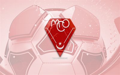 MC Oran glossy logo, 4K, red football background, Algerian Ligue Professionnelle 1, soccer, MC Oran, Algerian football club, MC Oran emblem, MC Oran logo, MC Oran FC