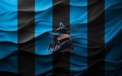 4k, miami marlins logosu, mavi siyah 3d arka plan, miami marlins amblemi, amerikan beyzbol takımı, miami marlins bayrağı, 3d doku, mlb, amerika, miami marlins, beyzbol, major league beyzbol