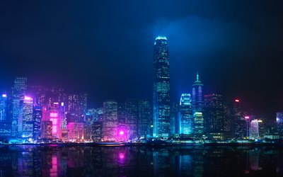 빅토리아 항구, 4k, 고층 빌딩, 도시 조명, 중국 도시, nighscapes, 홍콩, 중국, 아시아 사람, 밤에 홍콩, 홍콩 파노라마, 스카이 라인 도시