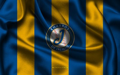 4k, logo charros de jalisco, tessuto di seta giallo blu, squadra di baseball messicana, charros de jalisco emblem, lega di baseball messicana, charros de jalisco, messico, baseball, charros de jalisco flag, lmb