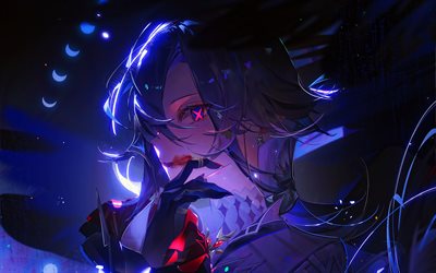 arlecchino, noche, impacto de genshin, ojos rojos de luna, guerrero, personajes de anime, obra de arte, personajes de impacto genshin, impacto de arlecchino genshin