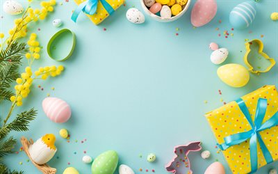 4k, marco de pascua, fondo azul, decoraciones de pascua, felices pascuas, huevos de pascua, primavera, mimosa, antecedentes para la tarjeta de pascua