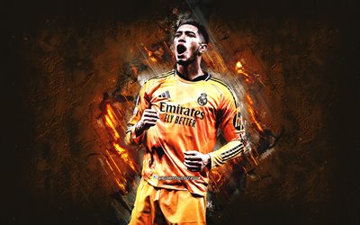 Jude Bellingham, Real Madrid, English football player, orange stone background, grunge art, La Liga, Spain, football, Bellingham Real Madrid
