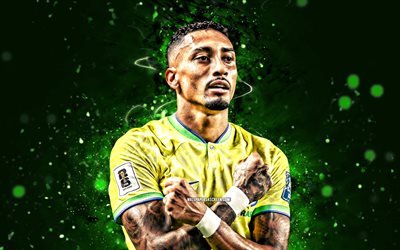 rafinha, 4k, luces de neón verde, equipo de fútbol nacional de brasil, conmobol, futbolistas brasileños, raphinha 4k, fútbol americano, fútbol, equipos nacionales, sudamerica, raphael dias belloli, equipo de raphinha brasil