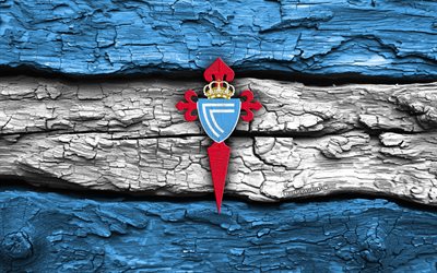 rc celta holzlogo, 4k, blau weißer holzhintergrund, laliga, fußball, rc celta logo, rc celta emblem, celta vigo, la liga, spanischer fußballverein, rc celta