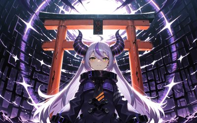 laplus, 4k, oscuridad, puerta torii, youtuber virtual, hololive, fondo violeta grunge, torii, vtuber, la oscuridad, manga, canal laplus, youtuber virtual de laplus