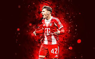4k, lennart karl, joie, fond abstrait rouge, bayern munich, bundesliga, footballeurs allemands, lennart karl 4k, néons rouges, football, fc bayern munich, lennart karl bayern munich