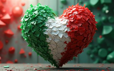 4k, أنا أحب إيطاليا, مبدع, خوخه, خلفية ملونة ثلاثية الأبعاد, يوم إيطاليا, علم إيطاليا, القلب مع العلم الإيطالي, عمل فني, قلوب ثلاثية الأبعاد, العلم الإيطالي, إيطاليا, الحب لإيطاليا