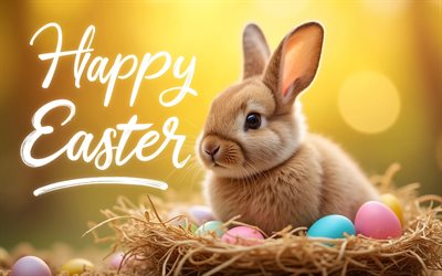 4k, lapin de pâques, bokeh, panier avec des oeufs, fond jaune, joyeuses pâques, fleurs, oeufs de pâques, décorations de pâques, lapin, milieux de pâques, lapins, lapins de pâques, inscription joyeuses pâques, pâques