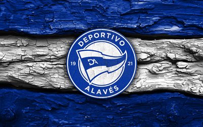 logo en bois du deportivo alavés, 4k, fond en bois blanc bleu, liga, football, logo du deportivo alavés, emblème du deportivo alavés, deportivo alavés fc, la liga, club de football espagnol, deportivo alavés