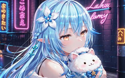 4k, yukihana lamy, natt, gata, virtuell youtuber, färgglada neonskyltar, kreativ, vtuber, flicka med gula ögon, hololive, manga, yukihana lamy kanalen, yukihana lamy virtual youtuber