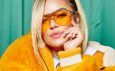 Karol G, 4K, portrait, Colombian singer, photoshoot, orange jacket, popular singers, Carolina Giraldo Navarro, Karol G photoshoot