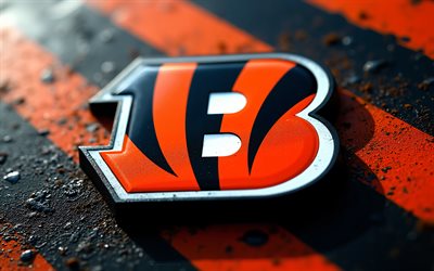 Cincinnati Bengals metal logo, 4k, black orange metal background, Cincinnati Bengals logo, Cincinnati Bengals emblem, USA, Cincinnati Bengals, American football, NFL