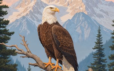 Bald eagle on a branch, mountain landscape, USA, birds of prey, Bald eagle, symbol of the USA, evening, sunset, eagles