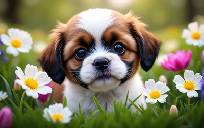 جرو شيه تزو, 4k, ربيع, خوخه, كلاب, حيوانات لطيفة, الجراء, حيوانات أليفة, شيه تزو, زهور الربيع, جرو على العشب, كلب شيه تزو