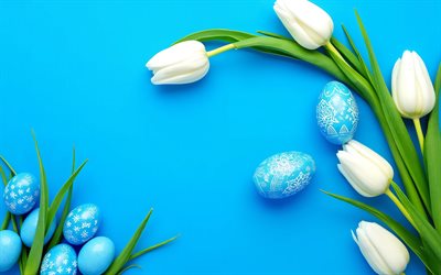 Blue Easter eggs, blue background, white tulips, Happy Easter, Easter decorations, Easter concepts, Easter eggs, blue Easter background, tulips, Easter