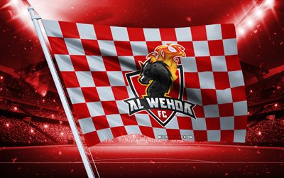4k, al wehda fc logosu, suudi futbol kulübü, stadyum bayrağı, al wehda fc taraftar bayrağı, kırmızı beyaz bayrak, al wehda fc amblemi, el vehda, suudi pro ligi, suudi arabistan, futbol, al wehda fc