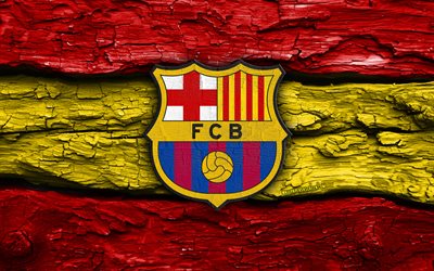 fc barcelona logga i trä, 4k, röd gul trä bakgrund, laliga, fotboll, fc barcelonas logotyp, fc barcelonas emblem, barcelona fc, la liga, fcb, spansk fotbollsklubb, fc barcelona