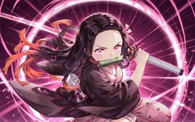 4k, nezuko kamado, kılıç, pembe neon yüzükler, iblis avcısı, kimono, kahraman, iblis avcısı kimetsu no yaiba, yeşil bambu şakası, manga, kamado nezuko, şeytan avcısı, nezuko kamado kimetsu no yaiba