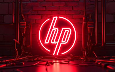 4k, leuchtendes hewlett packard logo, rote blendung, roter brickwall hintergrund, dunkelheit, marken, rotes neon logo von hewlett packard, drähte, elektronikmarken, hewlett packard logo, hp logo, hewlett packard, ps
