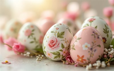 oeufs de pâques décorés de fleurs, 4k, joyeuses pâques, décorations de pâques, oeufs de pâques, printemps, pâques, œufs avec photos, ornements floraux, concepts de pâques